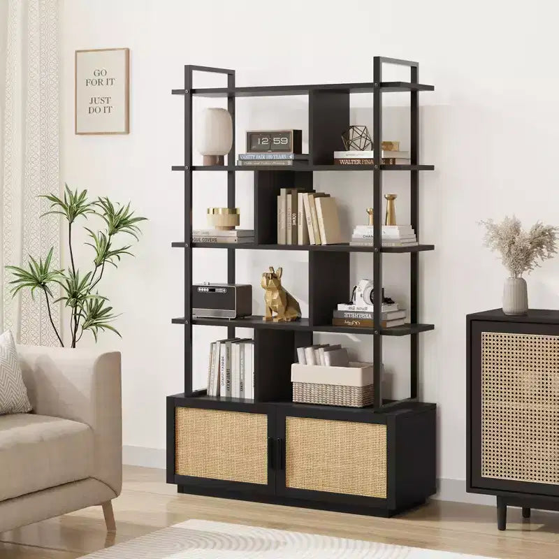 5 Tier Rattan Bookshelf with Storage Cabinet & Door, 71.1 Inch Tall Industrial Book Shelf,5 Shelf Bookcase with Metal Frame
