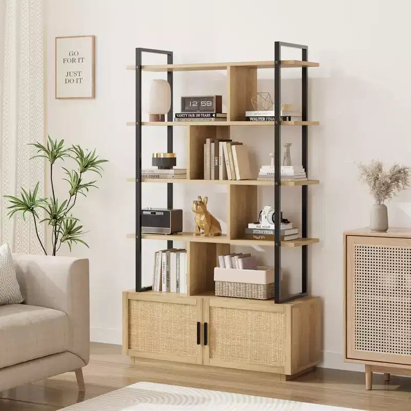 5-Tier Bookshelf with Storage Cabinet and Door, 71.1 Inch Tall, Metal Frame