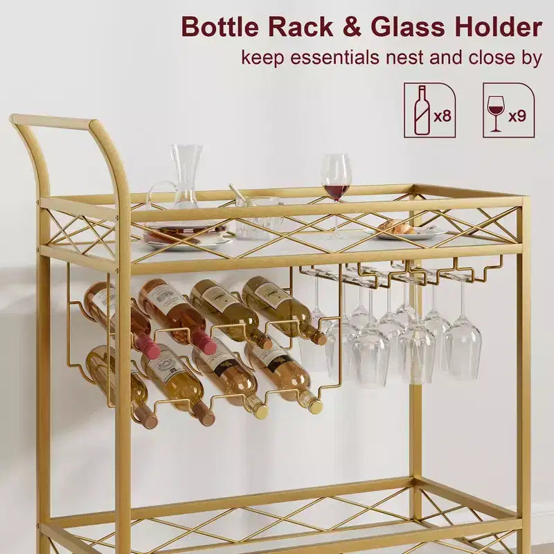 2-Tier Bar Cart with Wine Rack and Glass Holder