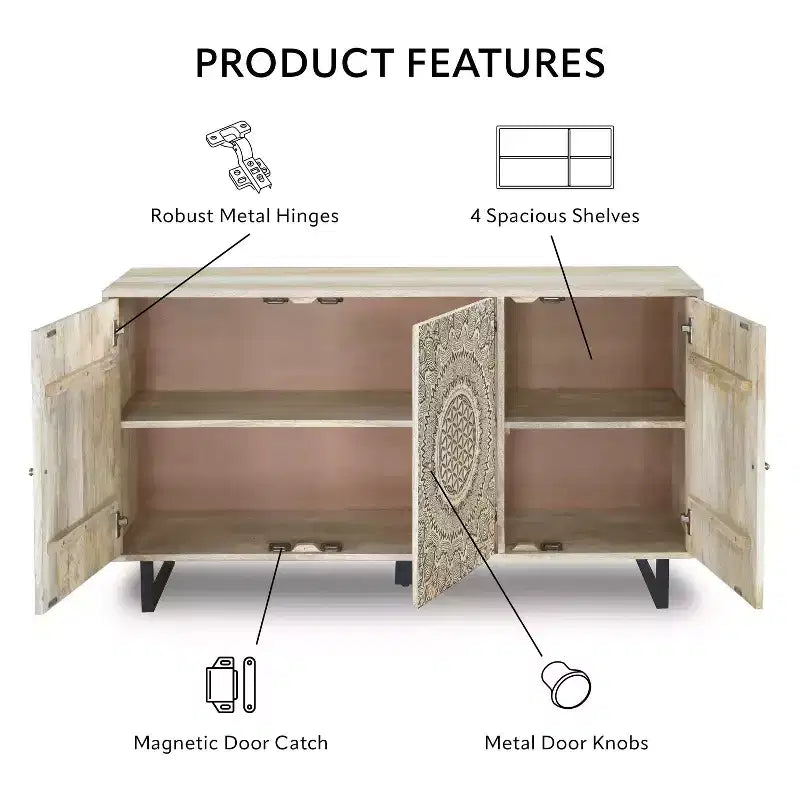 Mango Wood Buffet Server with 4 Shelves and 3 Doors