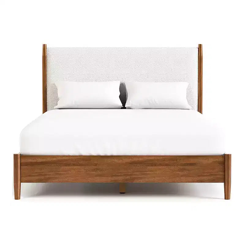 Mid-Century Modern Platform Bed with Boucle Headboard